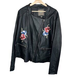 Maurices Womens Black Faux Leather Floral Embroidered Bomber Jacket size 3X